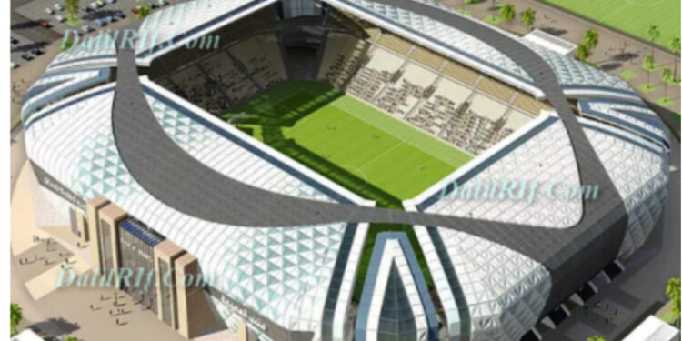 ملعب الحسيمة كما كان مرسوما في تصميم الهندسة المعمارية الذي تمت المصادقة عليه في اتفاقية برنامج منارة المتوسط