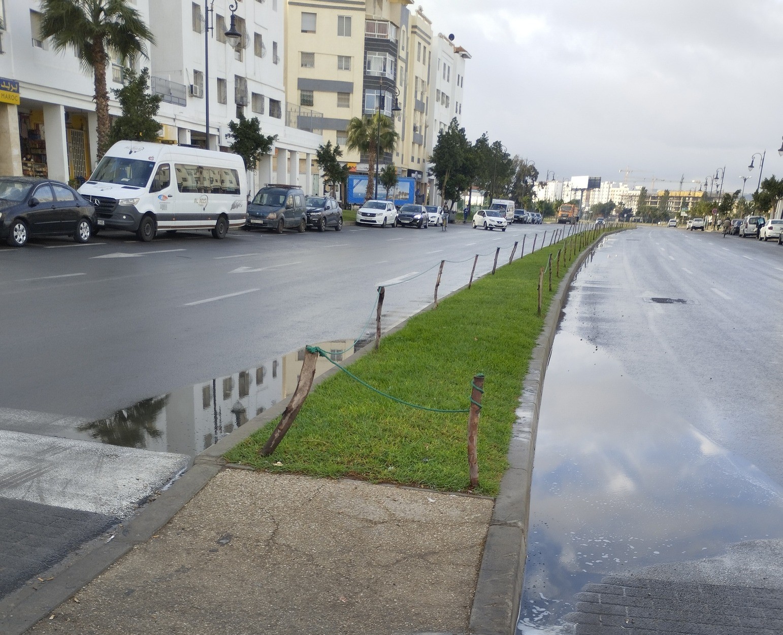 مساحة خضراء مُسيجة بطريقة بدائية باستعمال حطب الأشجار وحبال الخيط في أرصفة شوارع رئيسية وأخرى في الأحياء الشعبية