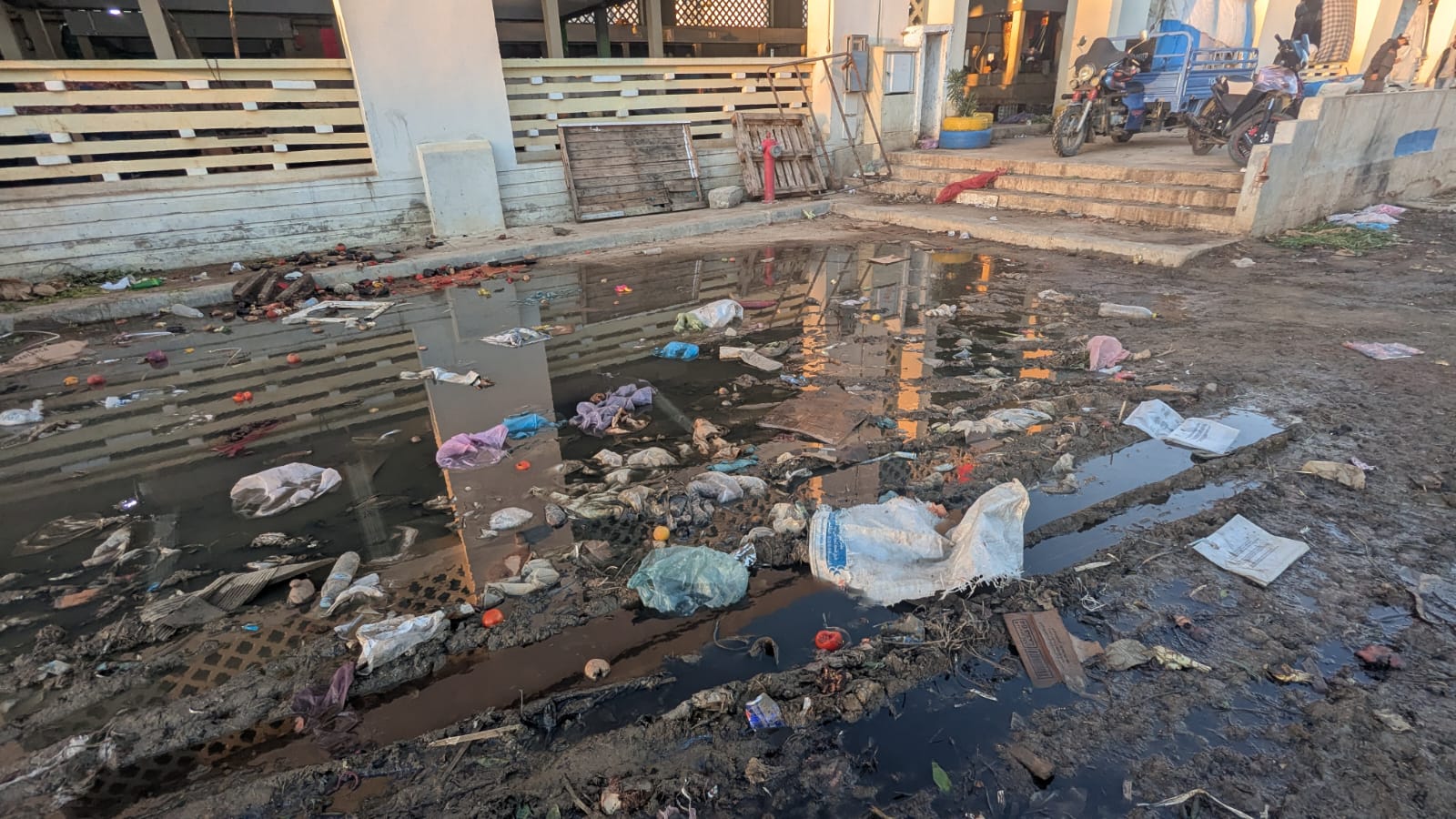 غياب قنوات الصرف الصحي يؤدي لتشكل بحيرات من الميته الآسنة أمام مداخل السوق ومحيطه