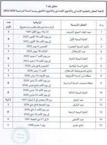 لائحة العطل المدرسية